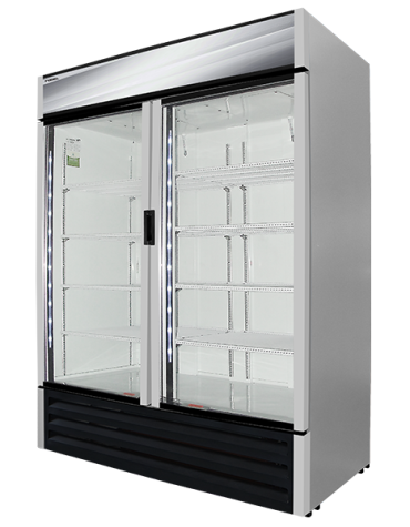 Refrigerador de dos puertas de vidrio con rí³tulo exterior iluminado.