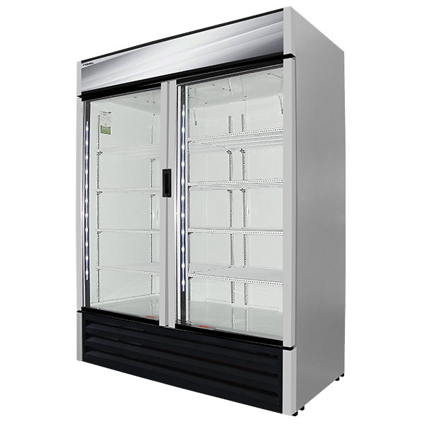 Refrigerador de dos puertas de vidrio con rótulo exterior iluminado.